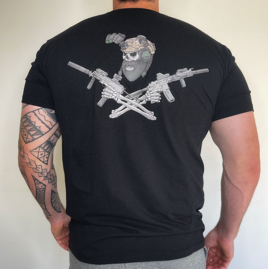 T-Shirt - Black Marle- Skull & Cross Guns